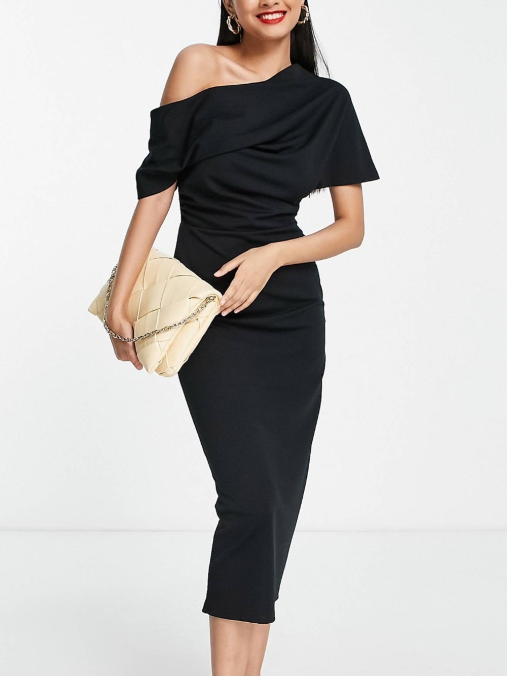 NWT ASOS Black One-Shoulder Draped Midi Dress Size 14